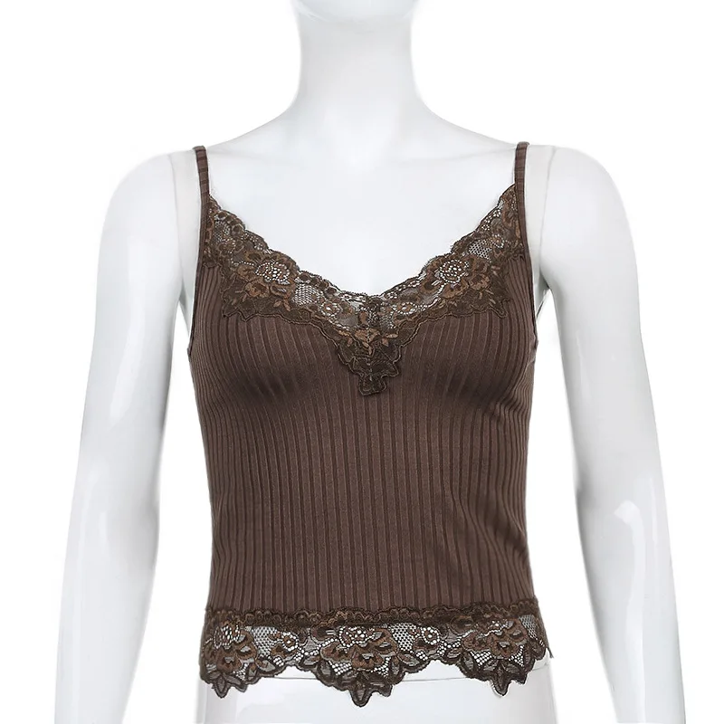 Gothic Basic Bodycon Women Camis Grunge Punk Black Casual Lace Trim Crop Tops Ribbed Backless Alt Clothes Summer