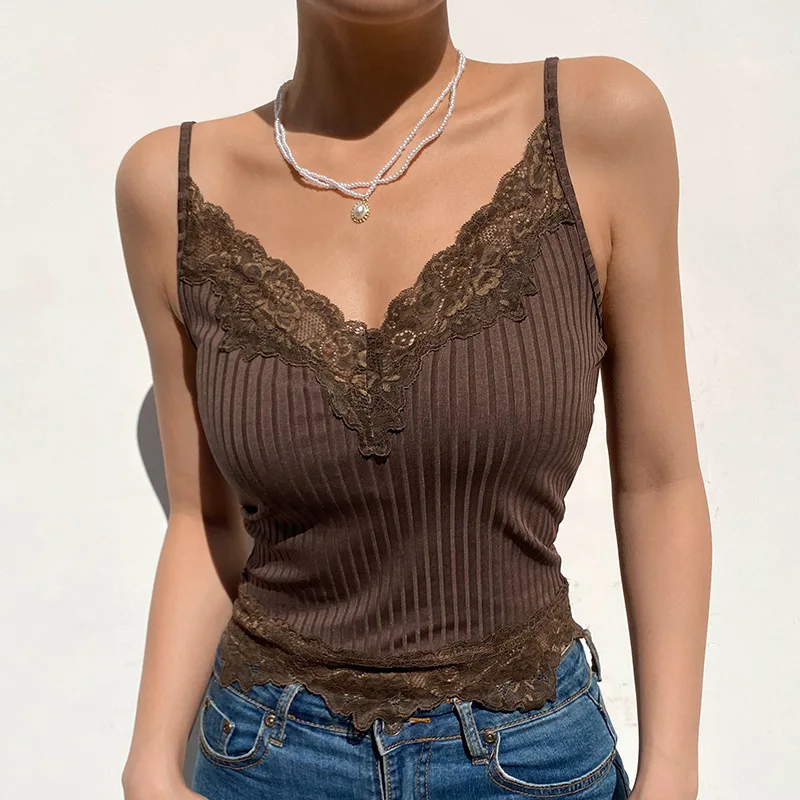 Gothic Basic Bodycon Women Camis Grunge Punk Black Casual Lace Trim Crop Tops Ribbed Backless Alt Clothes Summer