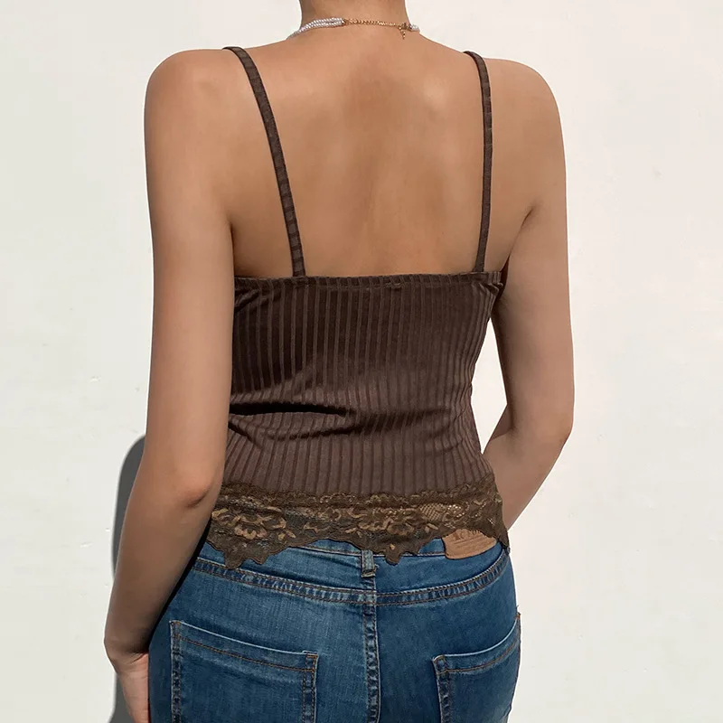 Gothic Basic Bodycon Women Camis Grunge Punk Black Casual Lace Trim Crop Tops Ribbed Backless Alt Clothes Summer