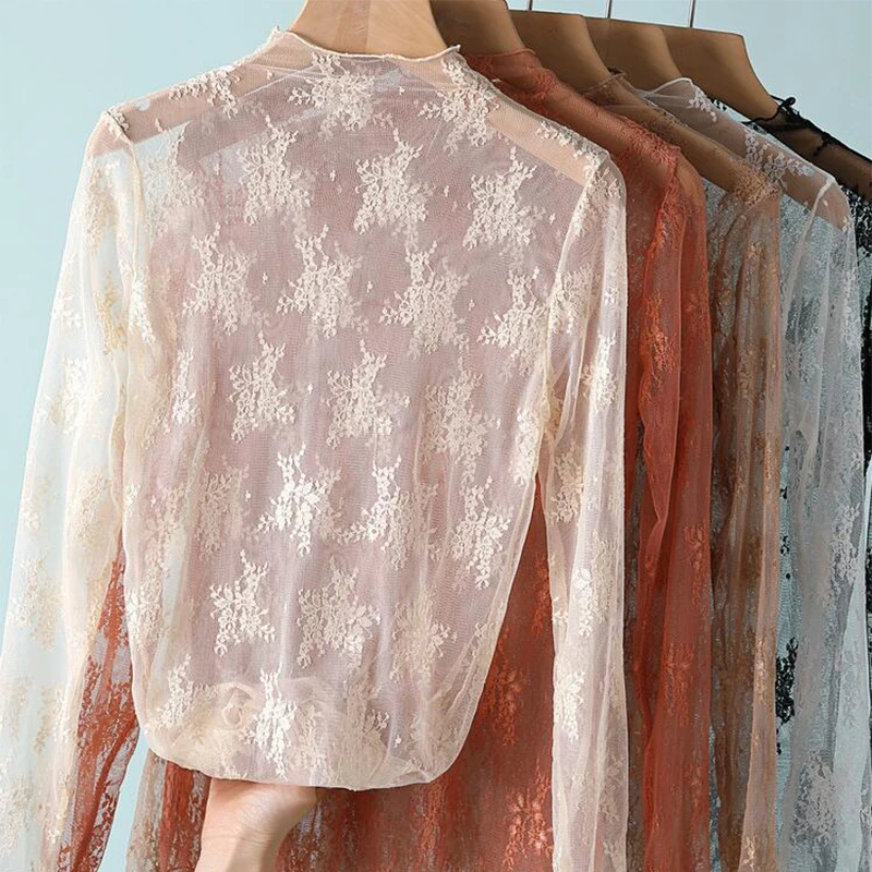 Sexy Women Mesh T-Shirts Transparent Lace Blouse Long Sleeve See Through Tops For Women Bottoming Shirt Sheer Tees Body Crop Top