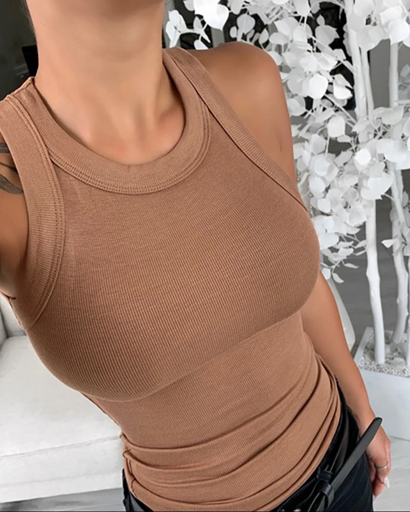 Women Solid Round Neck Ribbed Tank Top Camisole Women Summer Basic Elastic Tank Top O Neck Solid Tank Top