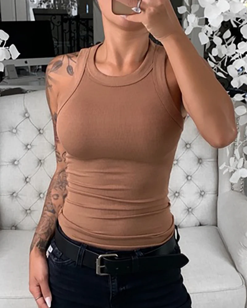 Women Solid Round Neck Ribbed Tank Top Camisole Women Summer Basic Elastic Tank Top O Neck Solid Tank Top