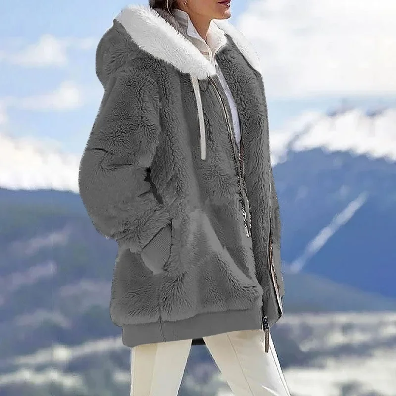 Autumn Winter Fashion Women's Coat New Casual Hooded Zipper Lady Clothes Cashmere Female Fleece Jacket Solid Color Ladies Coats