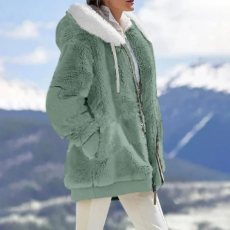 Autumn Winter Fashion Women's Coat New Casual Hooded Zipper Lady Clothes Cashmere Female Fleece Jacket Solid Color Ladies Coats