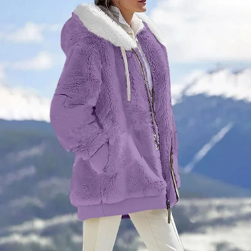 Autumn Winter Fashion Women's Coat New Casual Hooded Zipper Lady Clothes Cashmere Female Fleece Jacket Solid Color Ladies Coats