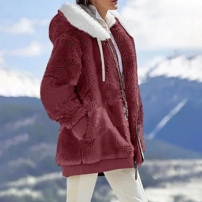 Autumn Winter Fashion Women's Coat New Casual Hooded Zipper Lady Clothes Cashmere Female Fleece Jacket Solid Color Ladies Coats