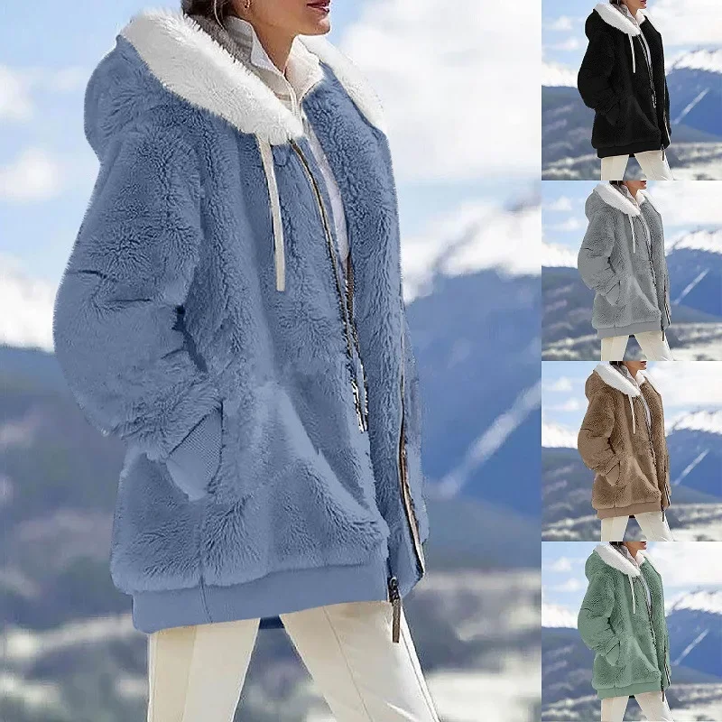 Autumn Winter Fashion Women's Coat New Casual Hooded Zipper Lady Clothes Cashmere Female Fleece Jacket Solid Color Ladies Coats