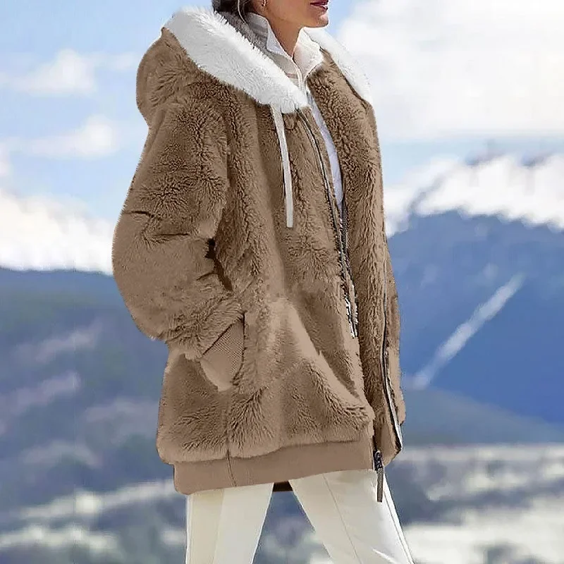 Autumn Winter Fashion Women's Coat New Casual Hooded Zipper Lady Clothes Cashmere Female Fleece Jacket Solid Color Ladies Coats