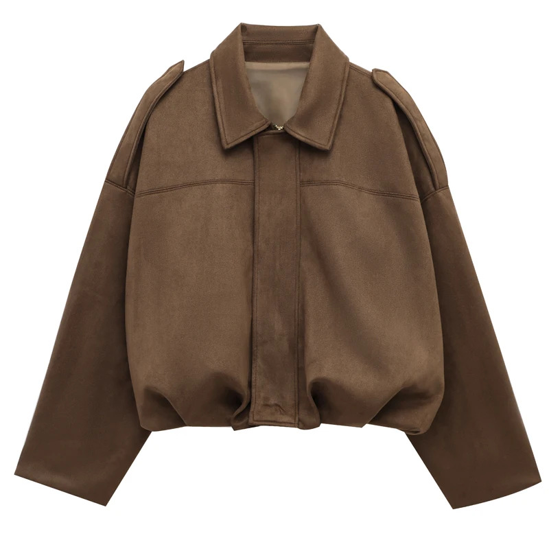 HXAO Women's Bomber Jacket Lapel Long Sleeve Zipper Suede Jacket Women 2025 High Street Cropped Racing Jackets Coats Outerwears