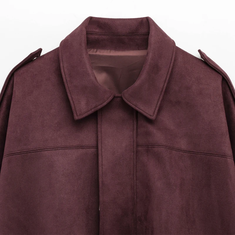 HXAO Women's Bomber Jacket Lapel Long Sleeve Zipper Suede Jacket Women 2025 High Street Cropped Racing Jackets Coats Outerwears