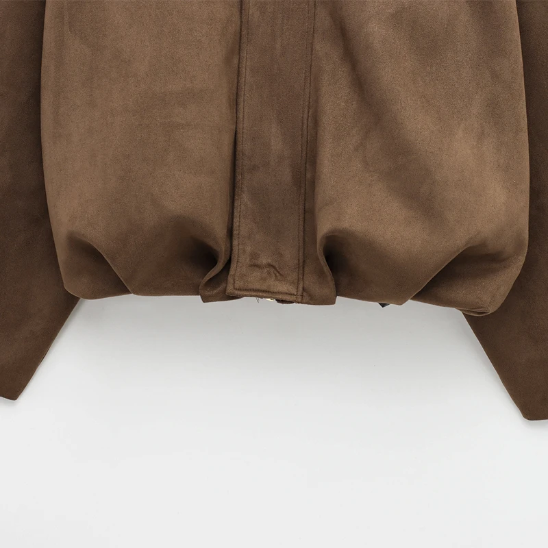 HXAO Women's Bomber Jacket Lapel Long Sleeve Zipper Suede Jacket Women 2025 High Street Cropped Racing Jackets Coats Outerwears