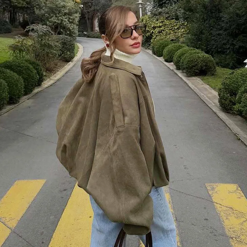 HXAO Women's Bomber Jacket Lapel Long Sleeve Zipper Suede Jacket Women 2025 High Street Cropped Racing Jackets Coats Outerwears