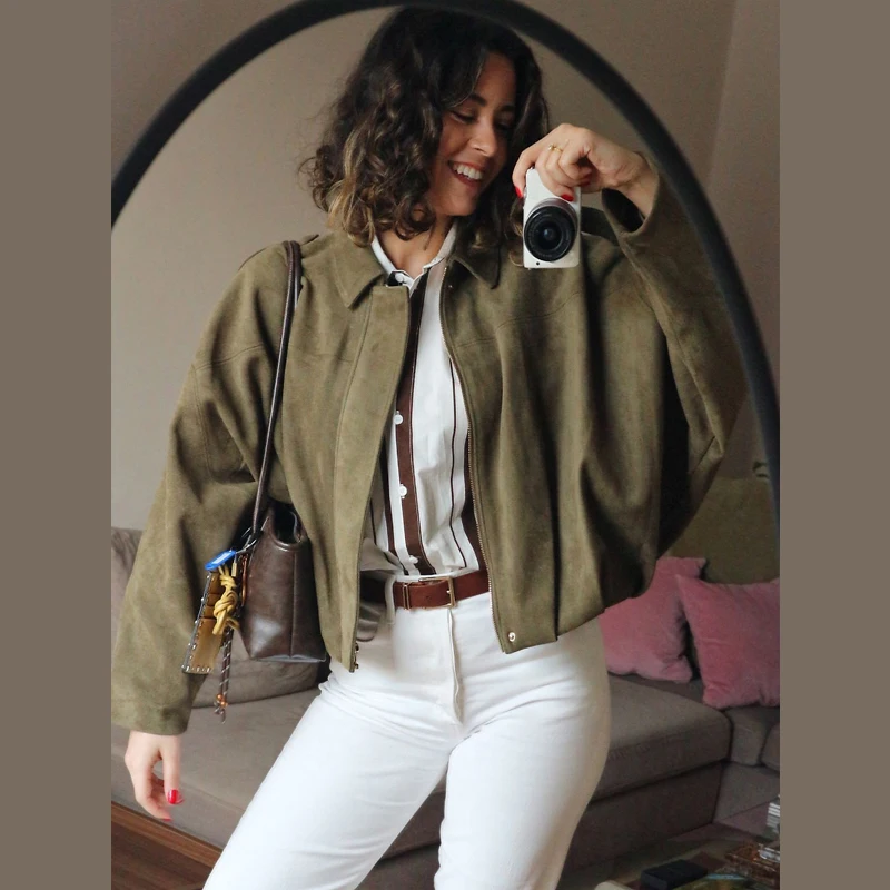 HXAO Women's Bomber Jacket Lapel Long Sleeve Zipper Suede Jacket Women 2025 High Street Cropped Racing Jackets Coats Outerwears