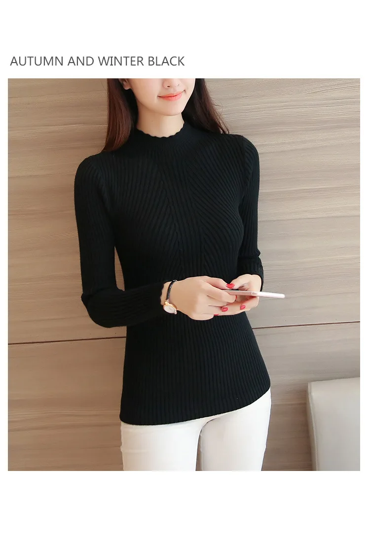 2026 Autumn Women Mock Neck Ruffles Sweater Long Sleeve Knitted Bottoming Solid Pullovers Stripe Women Casual Sweater Winter