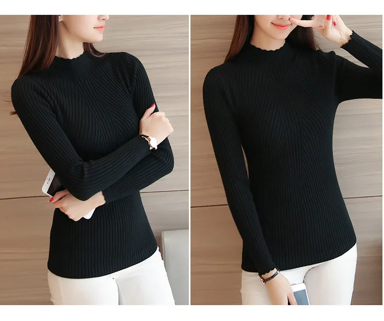 2026 Autumn Women Mock Neck Ruffles Sweater Long Sleeve Knitted Bottoming Solid Pullovers Stripe Women Casual Sweater Winter