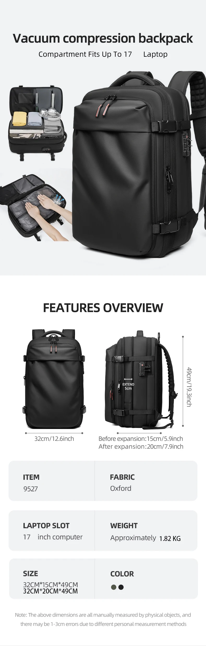 Men Travel Backpack Vacuum Compression Laptop Backpack 17 inch Extended Large Capacity School Backpack Hiking Business Backpack