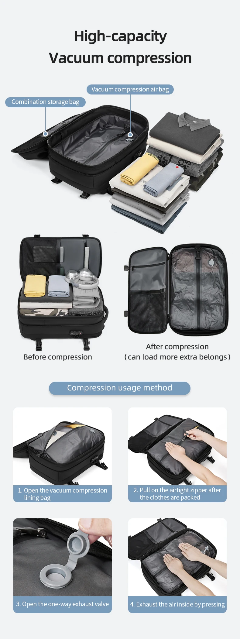 Men Travel Backpack Vacuum Compression Laptop Backpack 17 inch Extended Large Capacity School Backpack Hiking Business Backpack