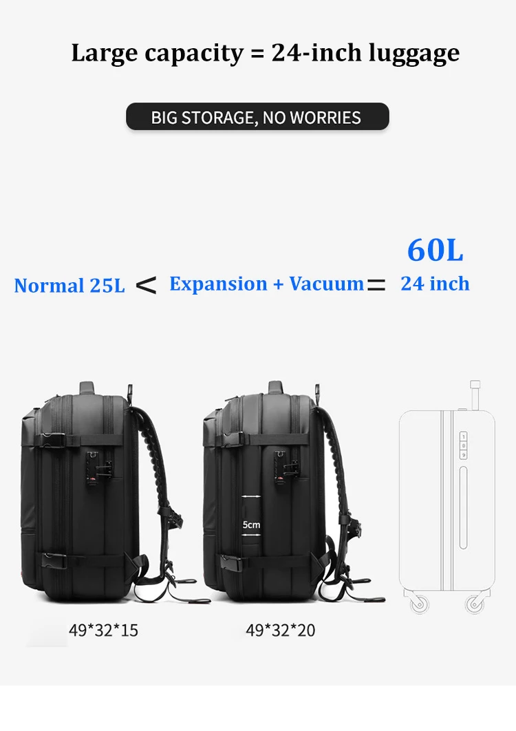 Men Travel Backpack Vacuum Compression Laptop Backpack 17 inch Extended Large Capacity School Backpack Hiking Business Backpack