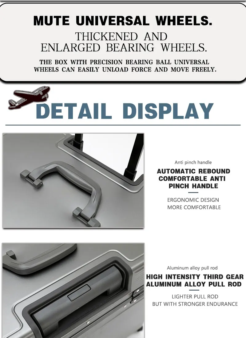 Aluminum Alloy Frame Suitcase, Top-Opening ABS Portable Trolley Case, Universal Wheels, Customs Code Lock Boarding Case