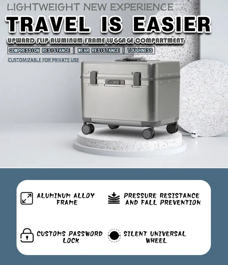Aluminum Alloy Frame Suitcase, Top-Opening ABS Portable Trolley Case, Universal Wheels, Customs Code Lock Boarding Case