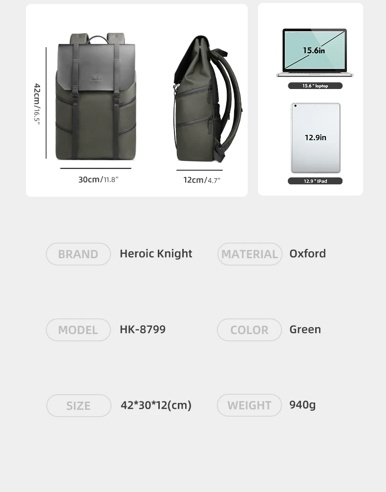 Heroic Knight 15.6" Casual Laptop Backpack Men Waterproof Large Capacity Travel Backpack Fashion Male Business Commuter Bag Pack