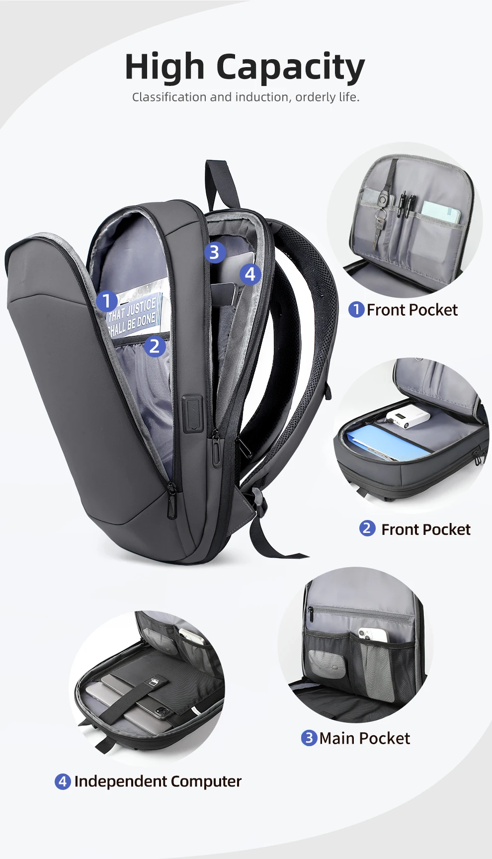 HK Business Backpack for Men 17 Inch Laptop Backpack with USB Port Slim Expandable Waterproof Travel Bag Large Work Computer Bag