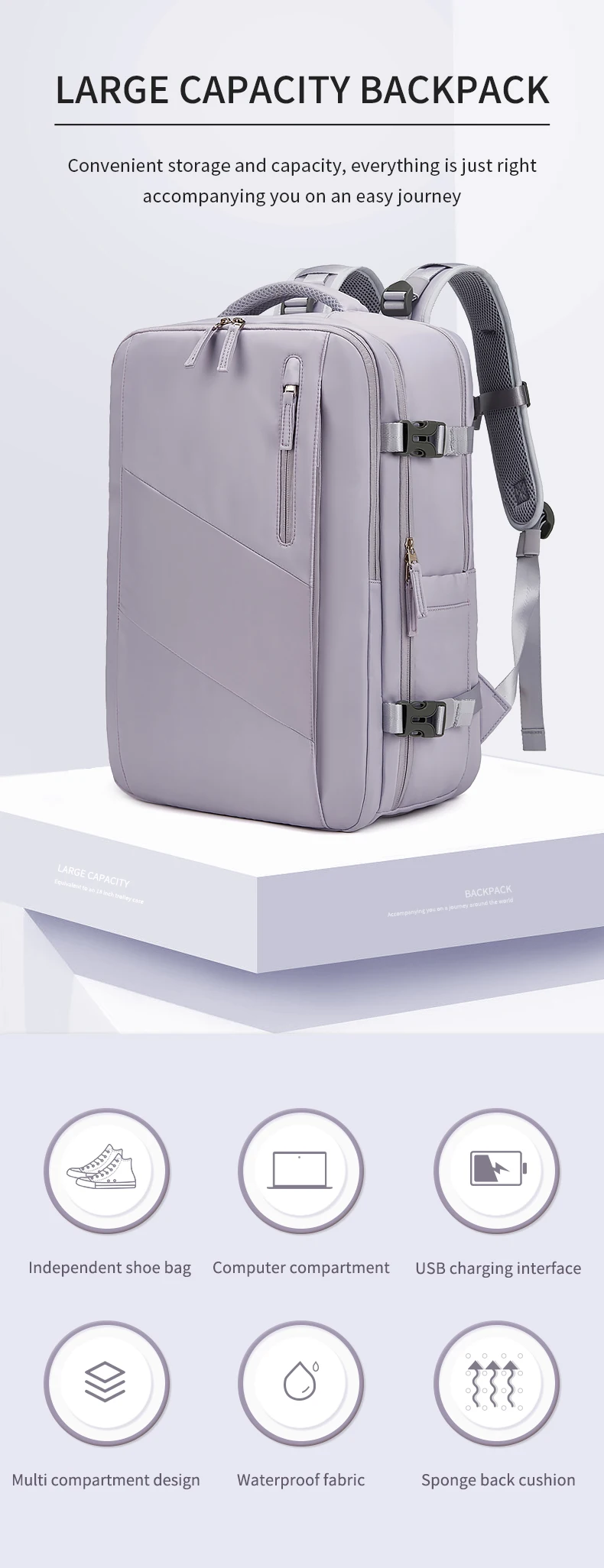 Woman Travel Backpack Business 16 Inch Laptop Backpack Fashion School Backpack USB Charging Waterproof Backpack With Shoe Bag
