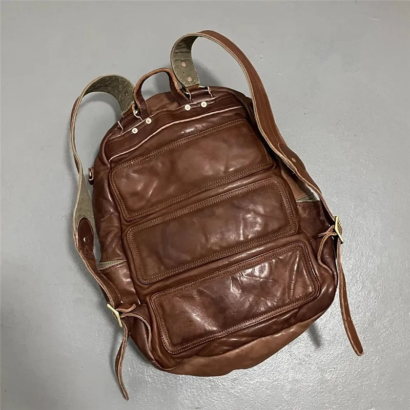 Vintage Luxury Genuine Leather Large Capacity Men's Backpacks Outdoor Daily Travel Handmade Soft Real Cowhide Laptop Schoolbags