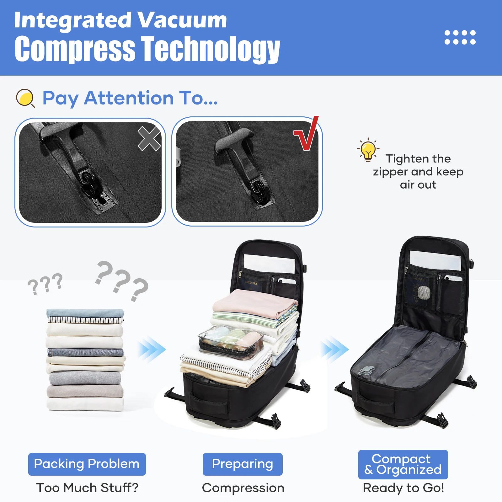 Vacuum Bag for Clothing,Backpack Hand Luggage Aircraft,Travel Essentials Vacuum Backpack Hand Luggage 40x30x20, Men Backpack