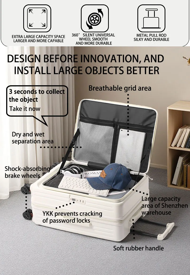 Multifunctional Front Opening Expandable Suitcase with Cup Holder Large Capacity Luggage 360° Shock Absorbing Wheels 20' 24' 28'