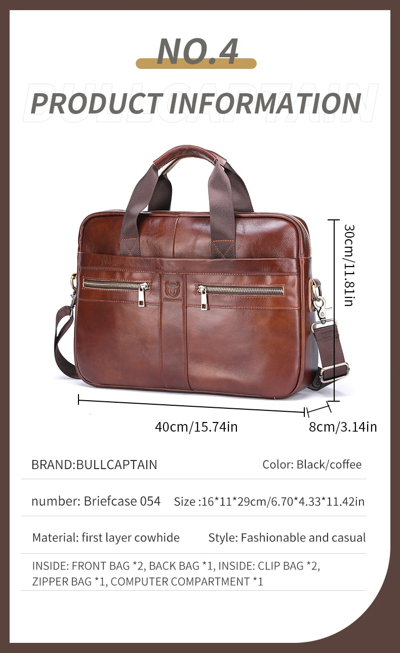 BULLCAPTAIN Men Briefcase Bag High Quality Business Leather Shoulder Messenger Bags Office Handbag 14 inch Laptop Bag