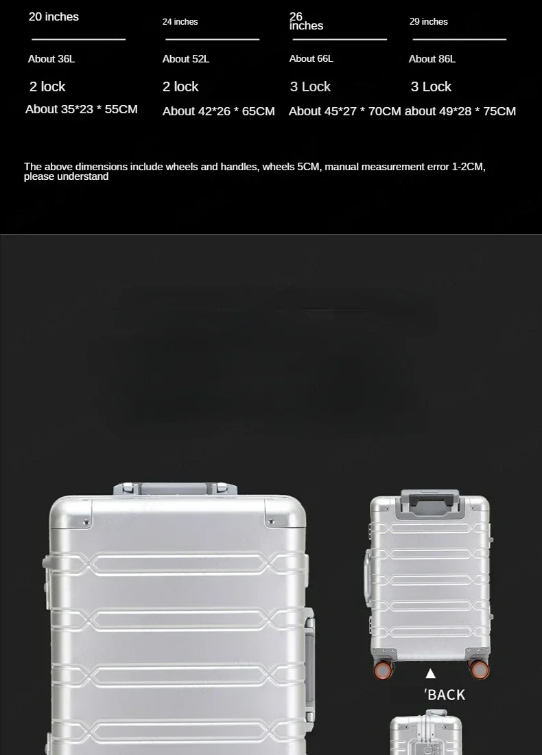 EU STOCK All Aluminum Travel Suitcase high-quality Business Rolling Luggage on Wheels Trolley 20inch Carry-Ons Cabin Suitcase