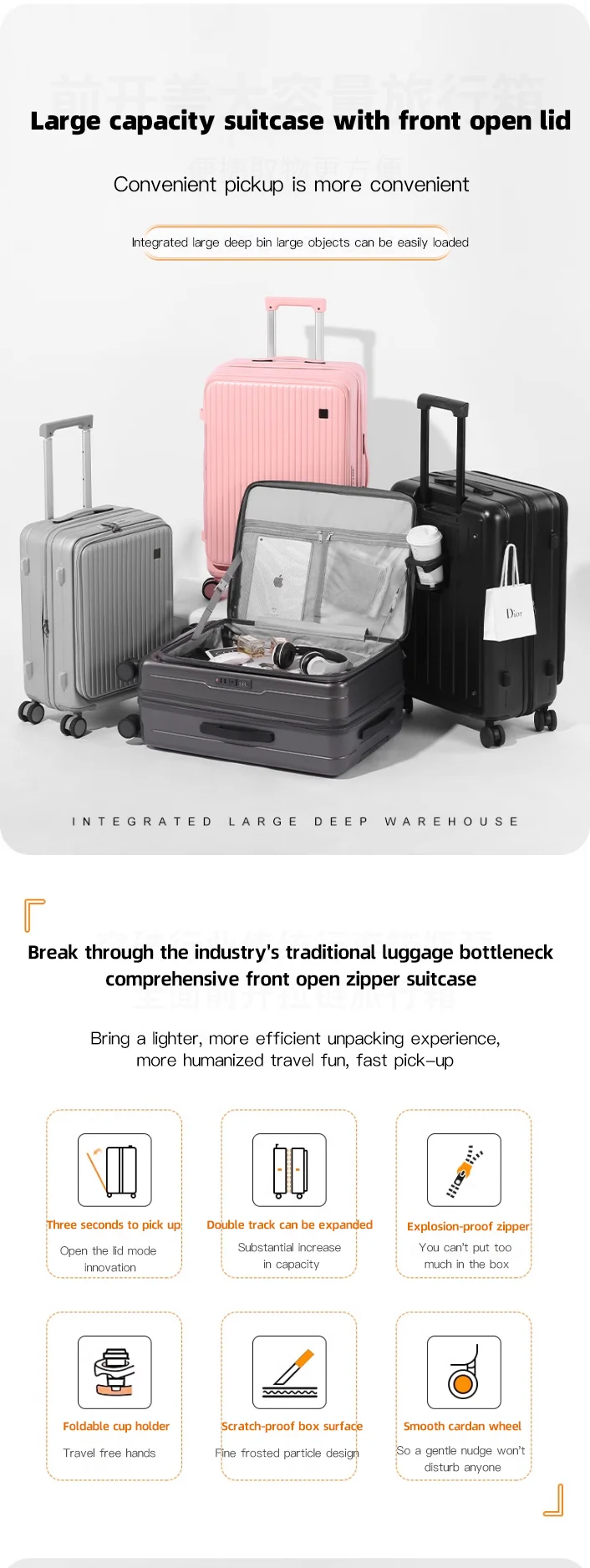 SUSHIMU Trolley Case Travel Suitcase Boarding Case Password Box Suitcase Portable Wheel Rolling Luggage Bag Front opening