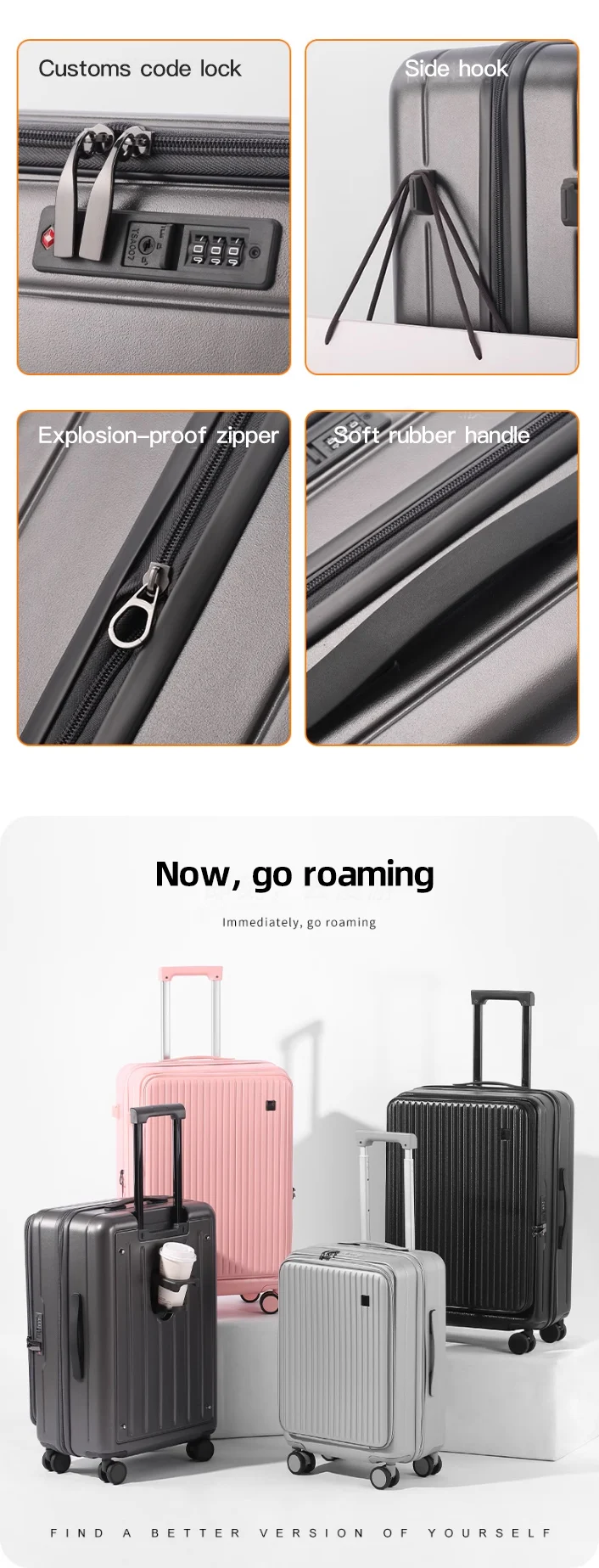 SUSHIMU Trolley Case Travel Suitcase Boarding Case Password Box Suitcase Portable Wheel Rolling Luggage Bag Front opening
