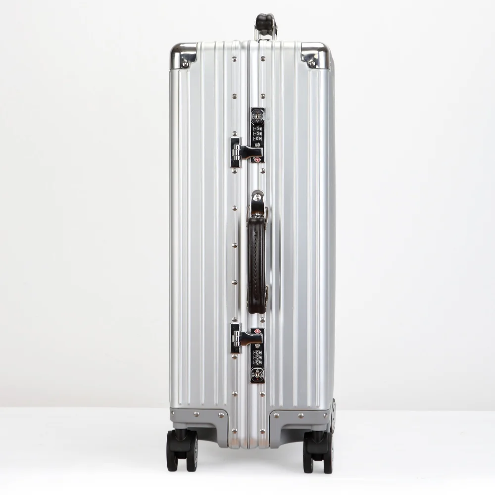 Top Quality Aluminum-Magnesium Alloy Vintage Suitcase, 20/24/26/29 Inch Lightweight Travel Trolley Luggage With Leather Handle