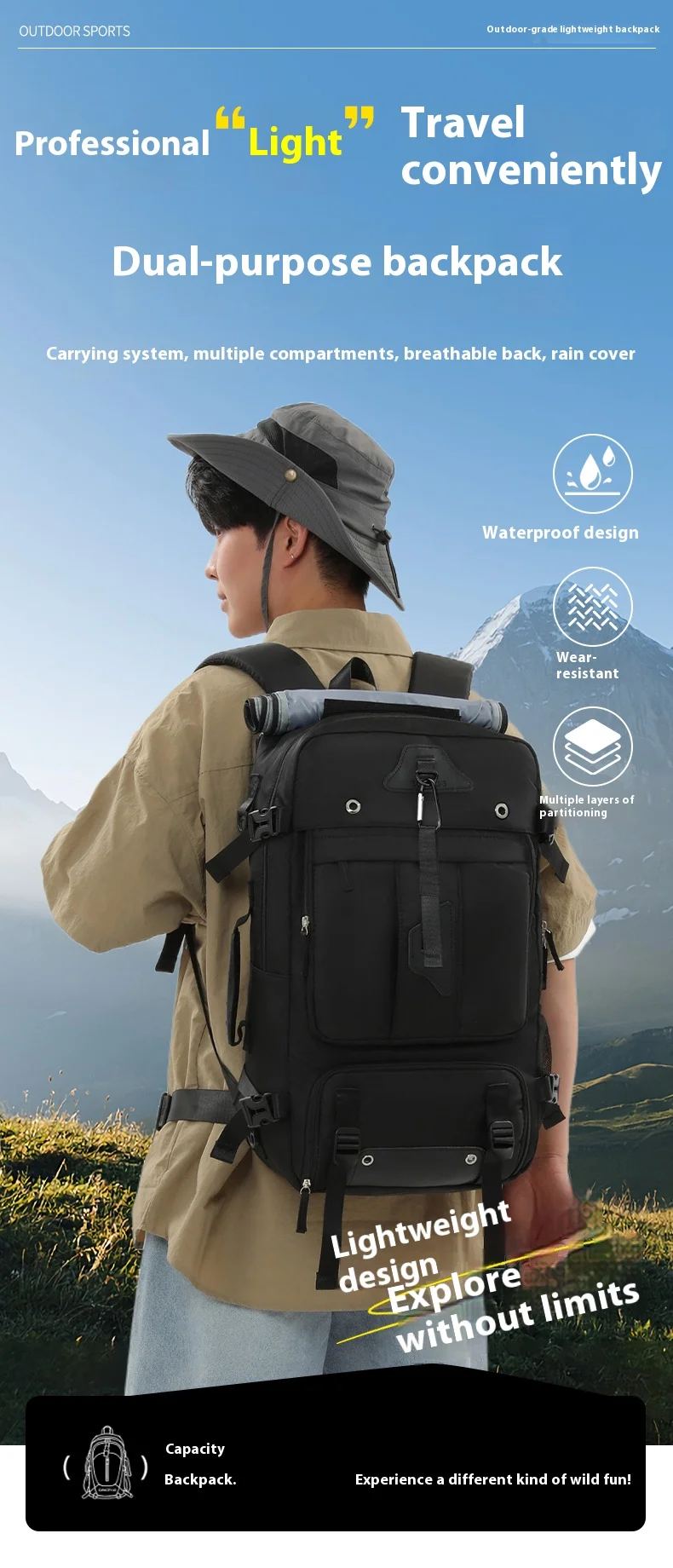 Cross Border Backpack for Men with a High-End Feel, Large Capacity Crossbody Backpack, Portable Travel Bag, Outdoor Hiking Backp
