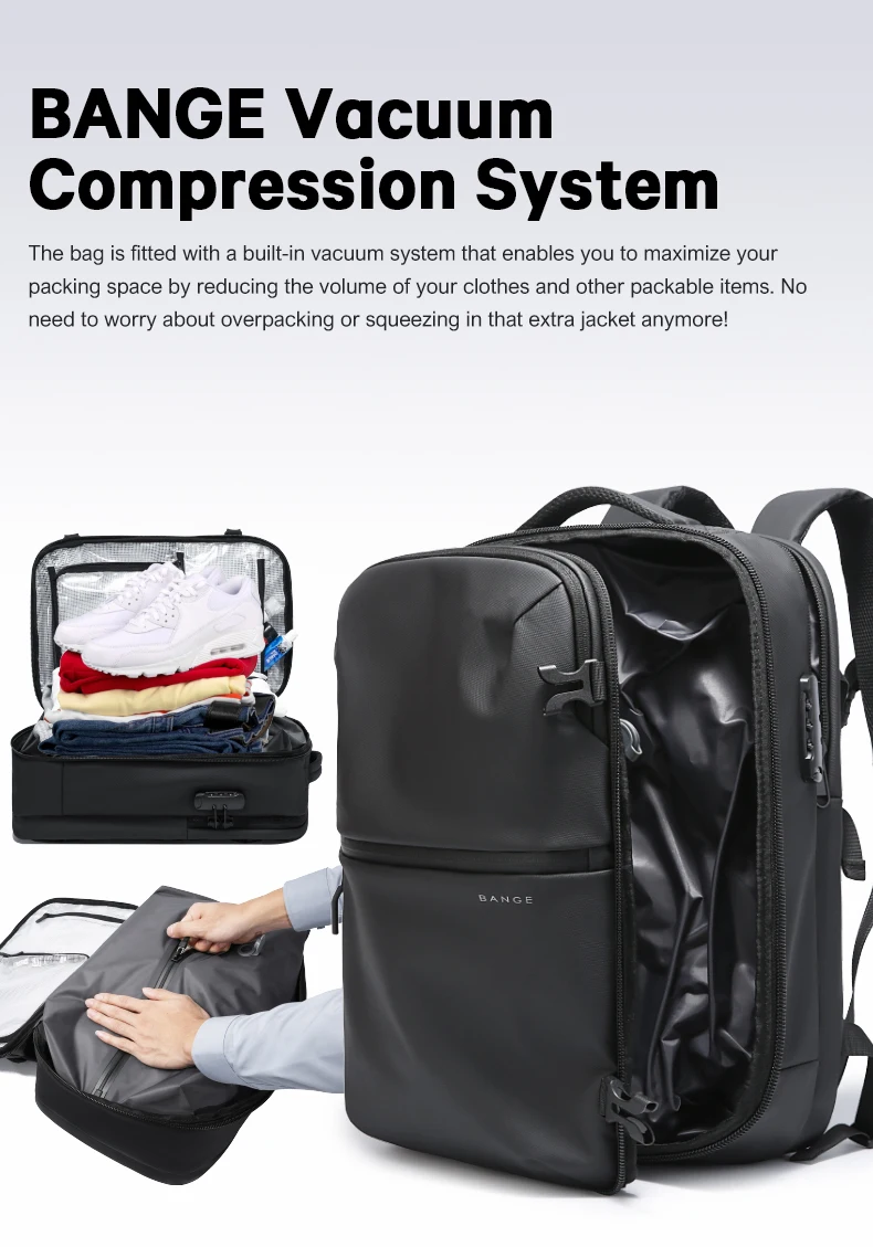BANGE Anti-Theft Vacuum Compression Backpacks Men Travel Backpack Lock Bag Large Capacity 16 Laptop Bags For School Cabin Bags