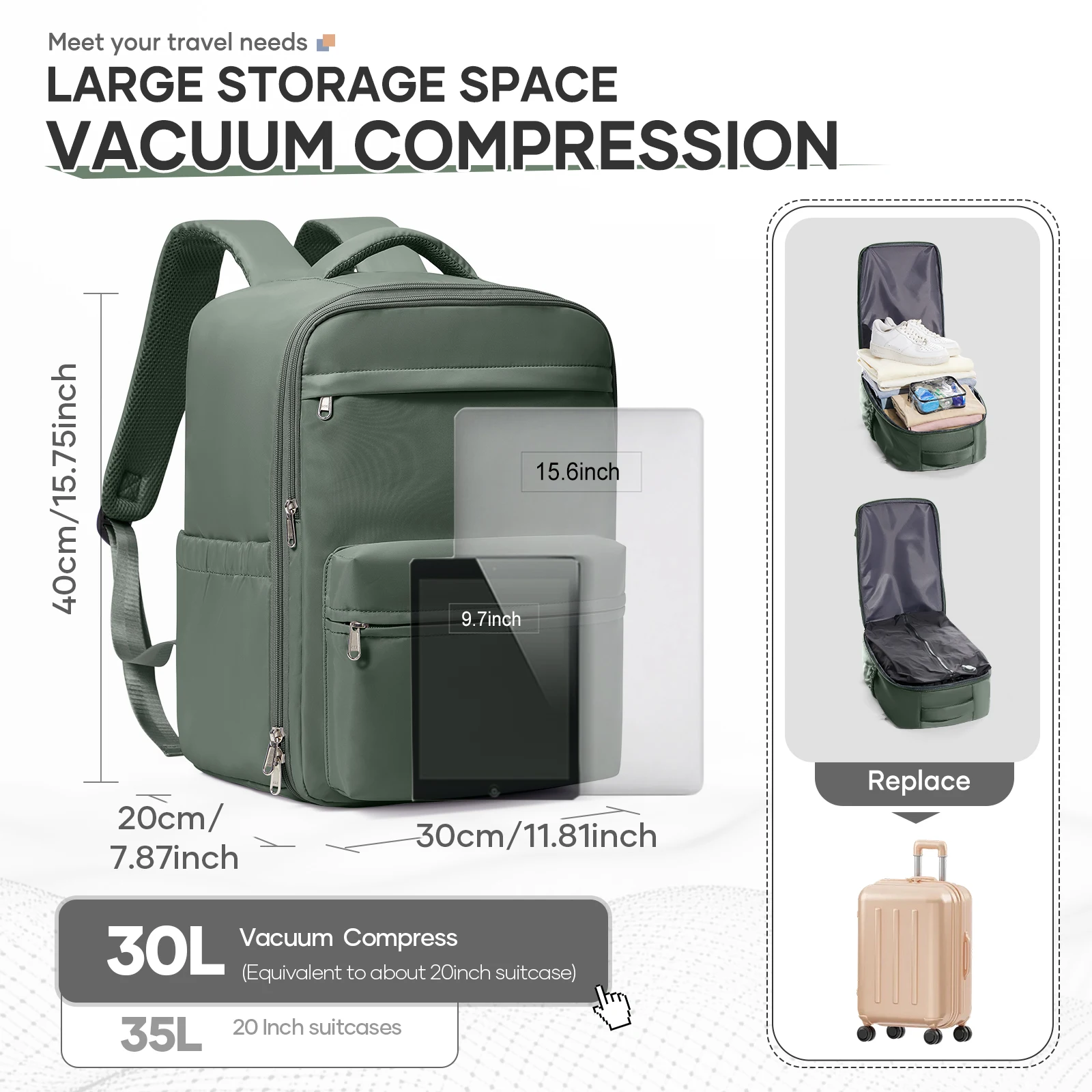 Ryanair 40x30x20 Travel Backpack Vacuum Compression Backpack , Wizzair Cabin Bag 15.6" Laptop Travel Bag,Storage Bag, Schoolbag