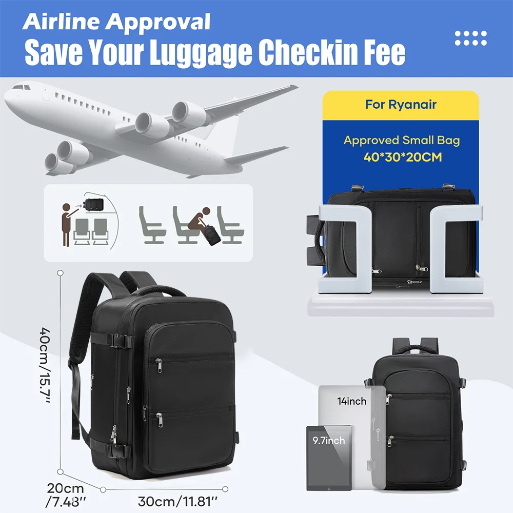 Ryanair 40x30x20 Travel Backpack,Airplane Cabin Backpack For EasyJet Wizzair, Vacuum Compression Backpack Men Laptop Backpack