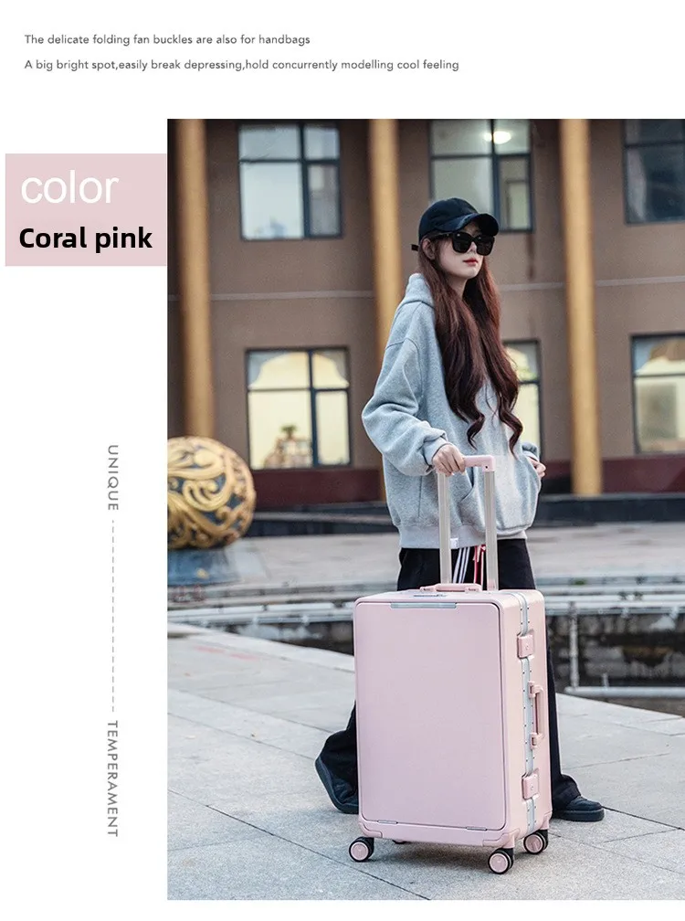KLQDZMS Front Opening Compartment Multifunctional Aluminum Frame Luggage 20/24/26 Inch Large Capacity Password Travel Suitcase