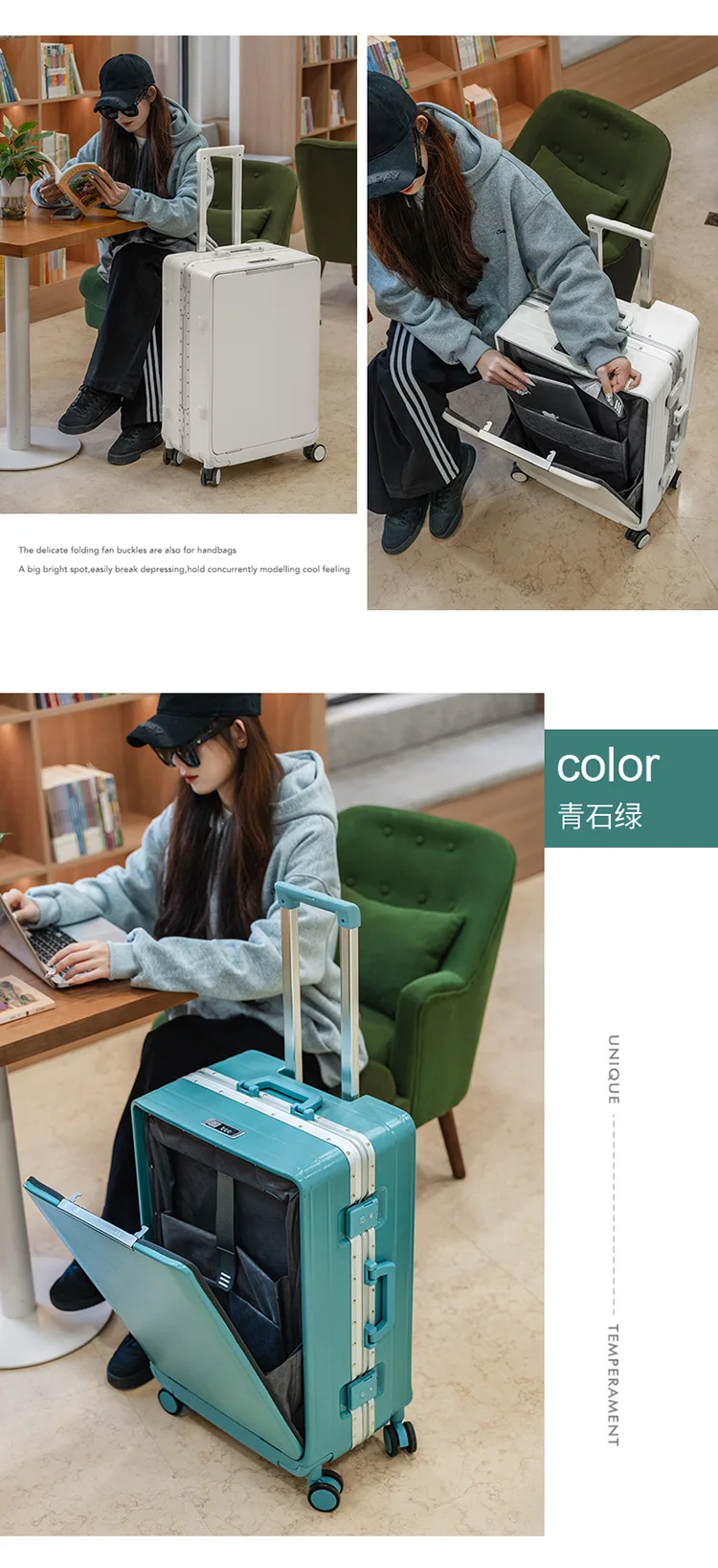 KLQDZMS Front Opening Compartment Multifunctional Aluminum Frame Luggage 20/24/26 Inch Large Capacity Password Travel Suitcase