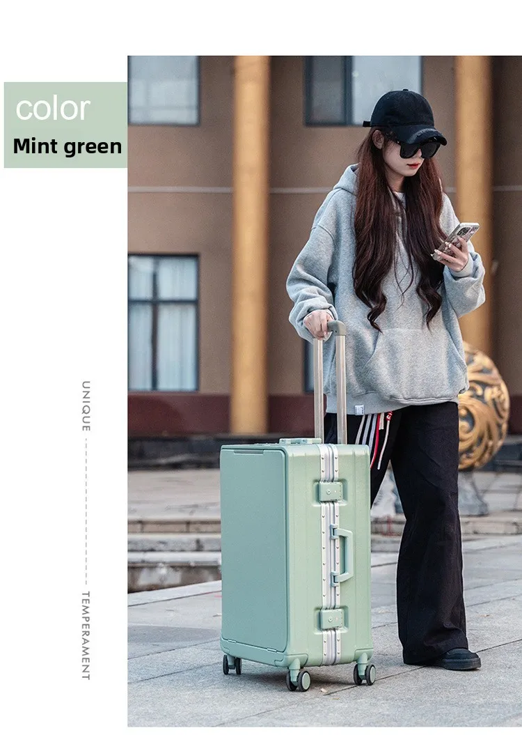 KLQDZMS Front Opening Compartment Multifunctional Aluminum Frame Luggage 20/24/26 Inch Large Capacity Password Travel Suitcase