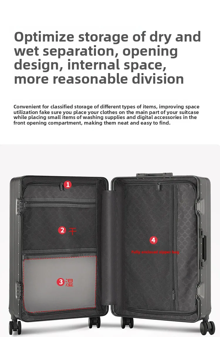 KLQDZMS Front Opening Compartment Multifunctional Aluminum Frame Luggage 20/24/26 Inch Large Capacity Password Travel Suitcase