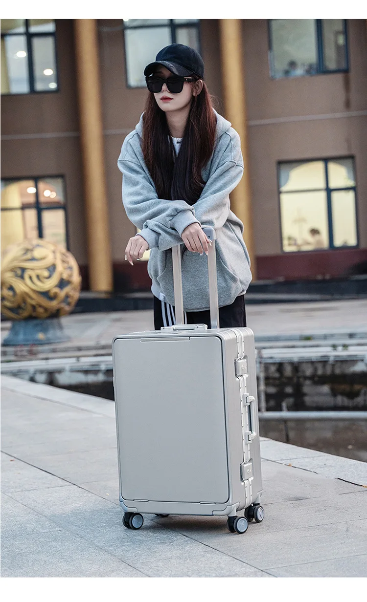 KLQDZMS Front Opening Compartment Multifunctional Aluminum Frame Luggage 20/24/26 Inch Large Capacity Password Travel Suitcase