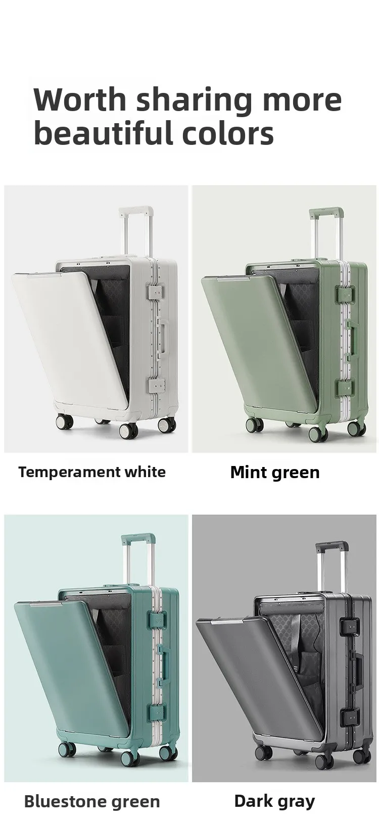 KLQDZMS Front Opening Compartment Multifunctional Aluminum Frame Luggage 20/24/26 Inch Large Capacity Password Travel Suitcase