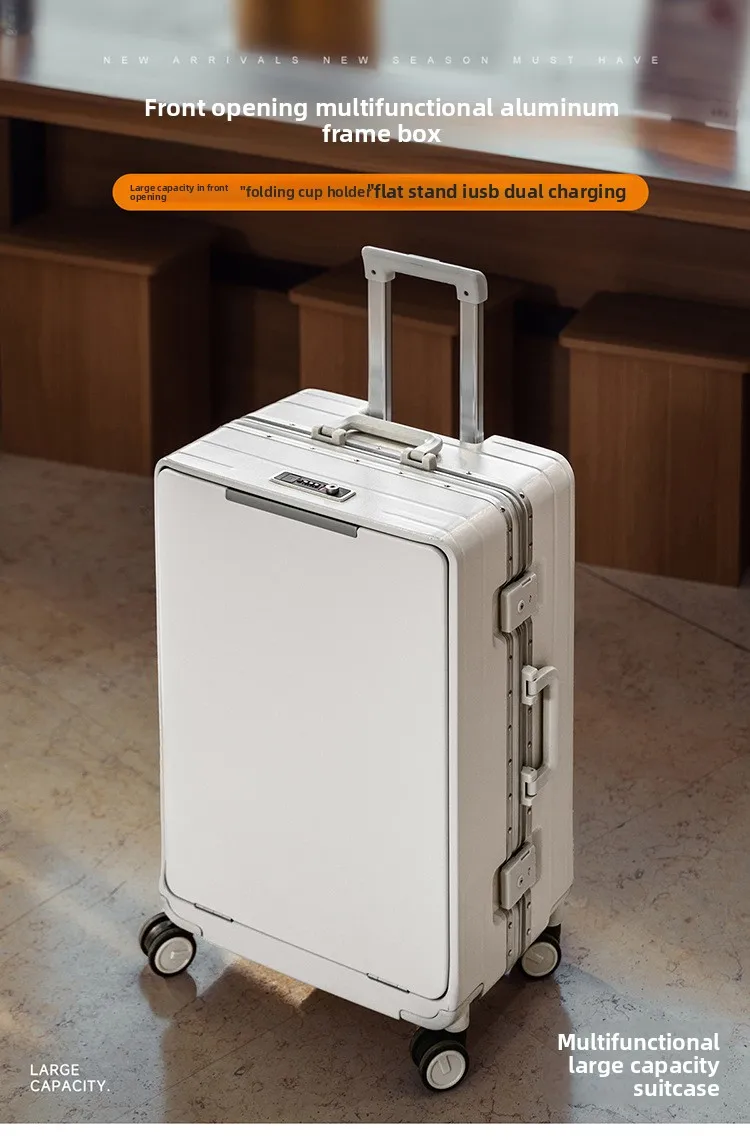 KLQDZMS Front Opening Compartment Multifunctional Aluminum Frame Luggage 20/24/26 Inch Large Capacity Password Travel Suitcase