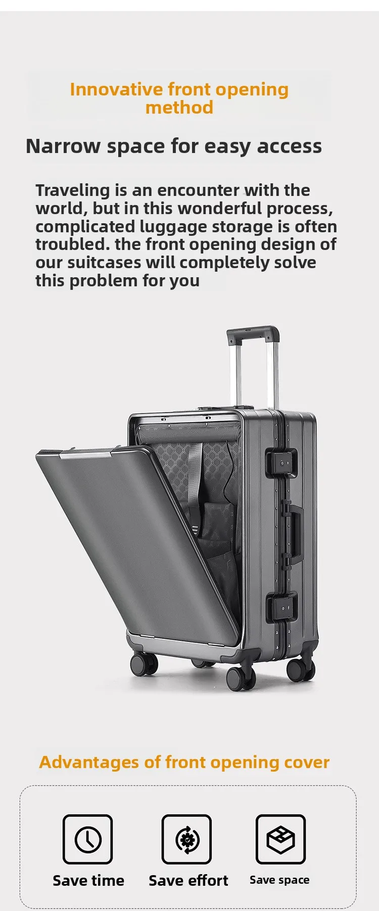 KLQDZMS Front Opening Compartment Multifunctional Aluminum Frame Luggage 20/24/26 Inch Large Capacity Password Travel Suitcase