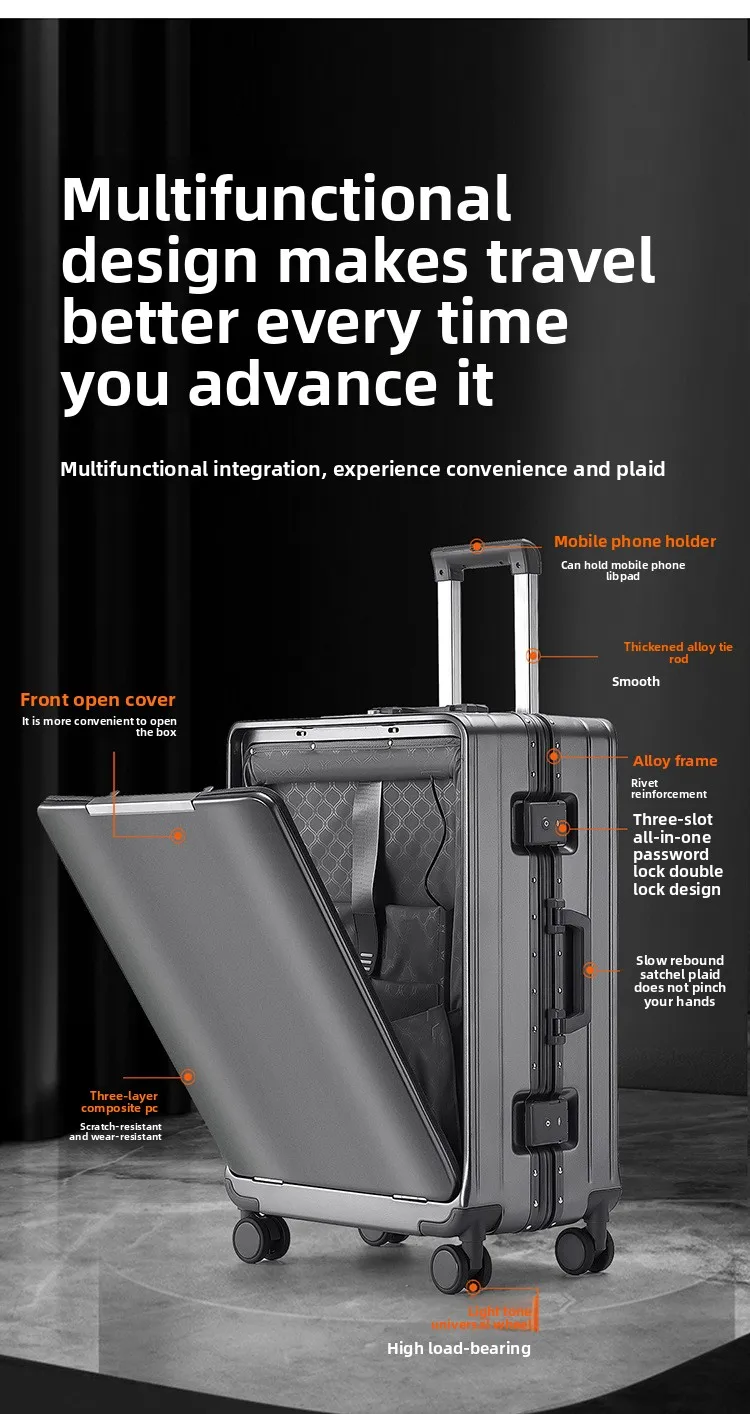 KLQDZMS Front Opening Compartment Multifunctional Aluminum Frame Luggage 20/24/26 Inch Large Capacity Password Travel Suitcase