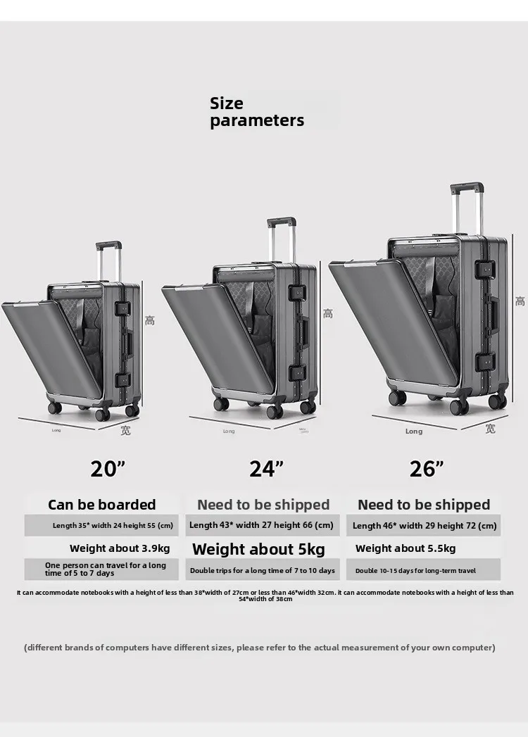 KLQDZMS Front Opening Compartment Multifunctional Aluminum Frame Luggage 20/24/26 Inch Large Capacity Password Travel Suitcase