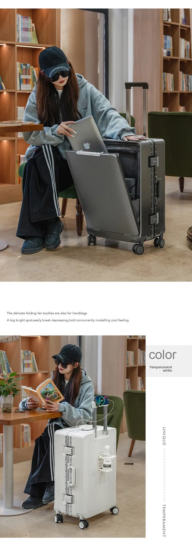 KLQDZMS Front Opening Compartment Multifunctional Aluminum Frame Luggage 20/24/26 Inch Large Capacity Password Travel Suitcase